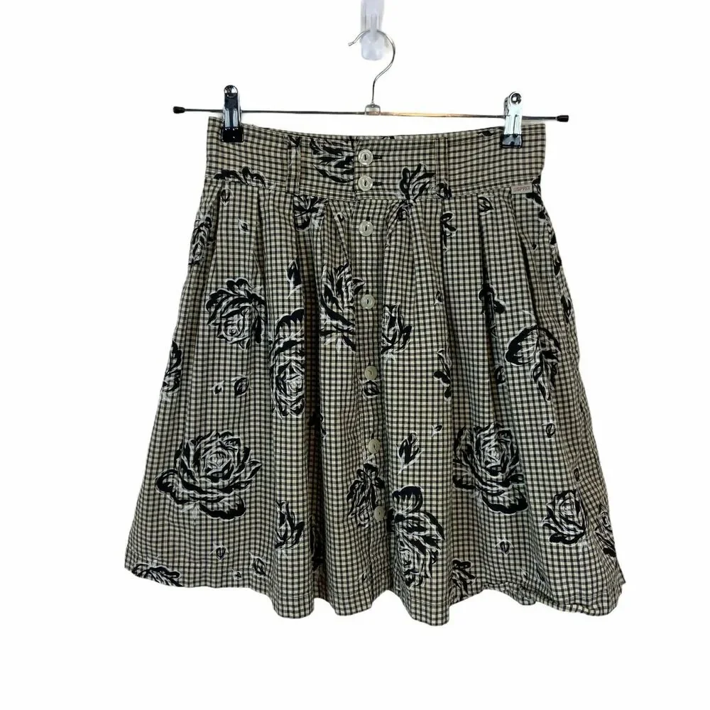 Esprit Flare Skirt Vintage Women Black Cream Gingham Rose Button Front Size XS S